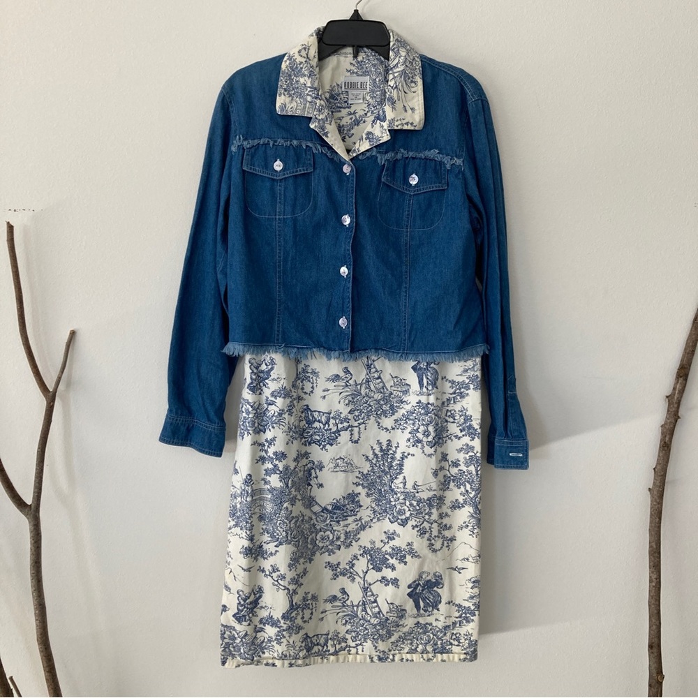 Vintage Robbie Bee 2 Piece Denim Jacket and Dress Set Toile de Jouy Blue White